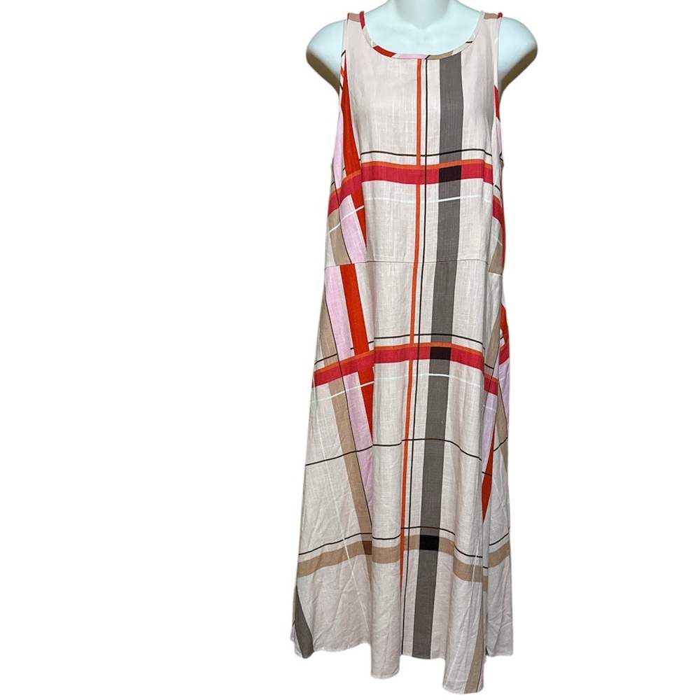 Ann Taylor Pink Plaid Linen Blend Midi Dress Sleeveless Lined Pockets Multicolor